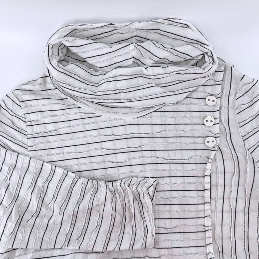 Habitat Cowl Neck Top Womens XL White Black‎ Striped Ruched Sleeve Button Shirt